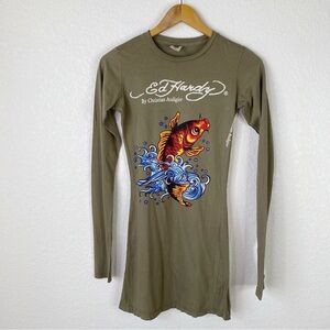 Ed Hardy Christian Audigier Green Koi Fish Long Sleeve T-Shirt